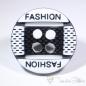 Preview: Set of 6 plastic button white 12mm with black pattern and inscription "Fashion"