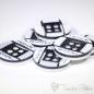 Preview: Set of 6 plastic button white 12mm with black pattern and inscription "Fashion"