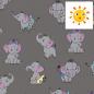 Preview: 0.5 Meter Summer Sweat/French Terry Color Change UV Grey Fabric with Cute Elephants