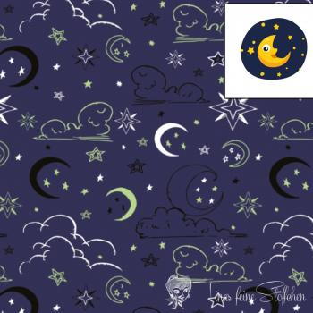 0,5 meter cotton jersey Glow in the Dark - dark blue with clouds and stars