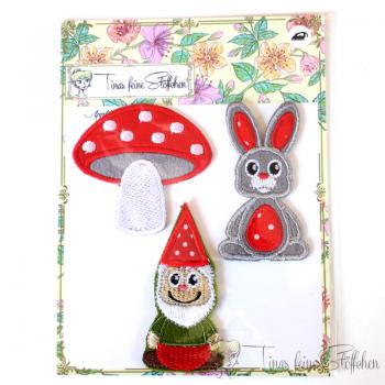 Set of 3 embroidery appliqué hangers - fly agaric, rabbit and dwarf