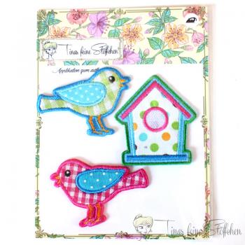 Set of 3 embroidery applications - two birds and a birdhouse