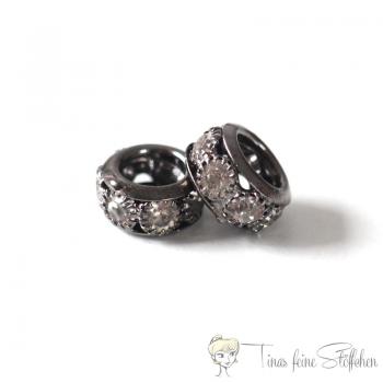 2 pieces of beautiful gunmetal metal hoodie beads with white rhinestones, ca. 7x10mm - pull through ca. 5mm