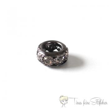 2 pieces of beautiful gunmetal metal hoodie beads with white rhinestones, ca. 7x10mm - pull through ca. 5mm