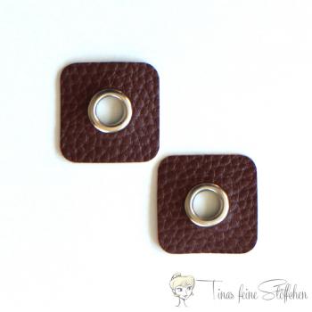 2 pieces square dark brown imitation leather eyelets patches - 8mm silver eyelet