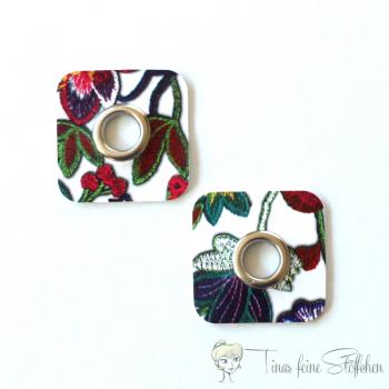 2 pieces square floral colourful imitation leather eyelets patches - 8mm silver eyelet