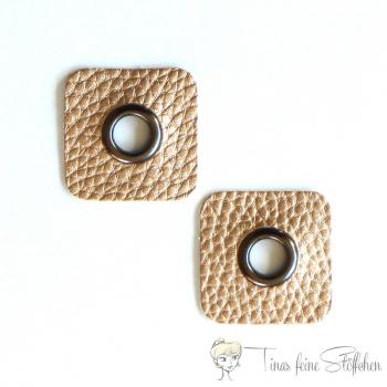 2 Stück quadratische goldene Kunstleder Ösen Patches - 8mm gunmetal Öse