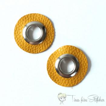 2 pieces round yellow-orange imitation leather eyelets patches - 12mm silver eyelet