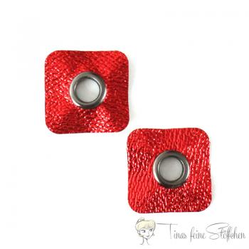 2 Stück quadratische metallic rote Kunstleder Ösen Patches - 8mm gunmetal Öse