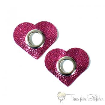 2 pieces pink metallic imitation leather heart eyelet patches - 12mm silver eyelet