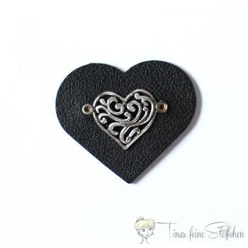 Synthetic leather heart patch black with antique-silver heart