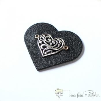 Synthetic leather heart patch black with antique-silver heart