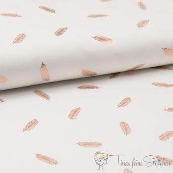 0,5 meter cotton jersey white with foil print golden feathers