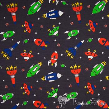 1 meter coupon - cotton jersey dark grey with colourful rockets