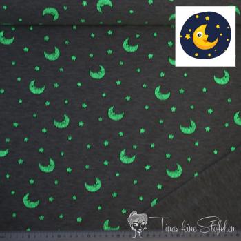 0,5 Meter Baumwolljersey Glow in the Dark - grau meliert mit Mond und Sternen