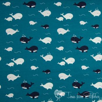 0,5 meter cotton jersey petrol with sweet whales