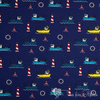 0,5 meter cotton jersey navy with colourful fishing boats