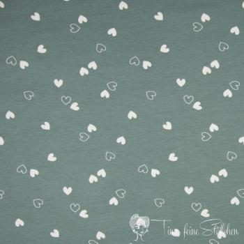 0,5 Meter Baumwolljersey dusty mint mit weißen Herzchen