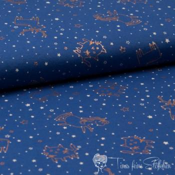 0,5 meter cotton jersey navy with golden animals in foil print and white stars