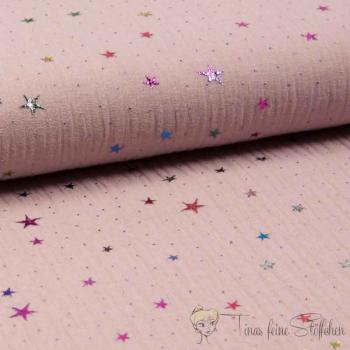 0,5 meter Muslin dusty rosé with foilprint colorful stars - Kopie