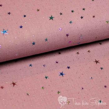 0,5 meter Muslin dusty pink with foilprint colorful stars