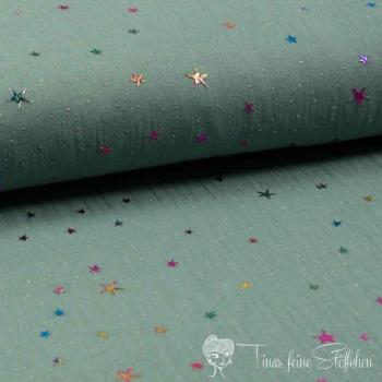 0,5 Meter Musselin dusty mint Foliendruck mit bunten Sternen