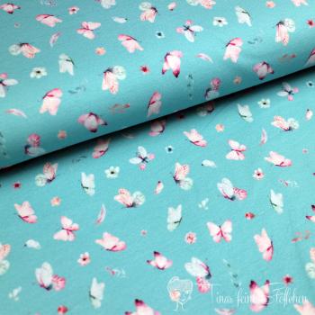 0,5 meter Cotton jersey digital print in light mint with butterflies