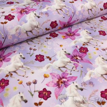 0,5 Meter Baumwolljersey Digitaldruck rosa mit Pferden und Blumen