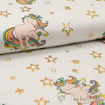 0,5 meter cotton jersey offwhite unicorns with golden glitter stars and foil print