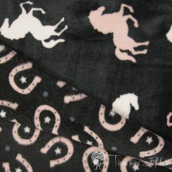 0,5 Meter Jaquard Fleece Double Face dark grey with horses and horseshoes