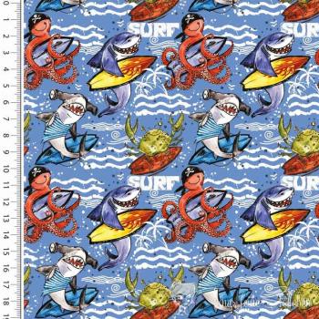 0,5 meter cotton jersey Digital print dark blue with surfing sharks and octopuses and crabs