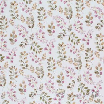 0,5 meter cotton jersey white with leaves in green and mauve