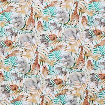 0,5 meter cotton jersey white with exotic animals