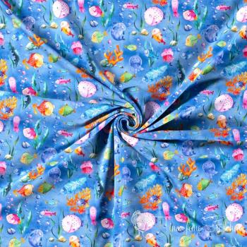 0,5 meter cotton jersey indigo blue jeans with funny sea creatures