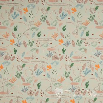 0.5 meter cotton jersey Dusty Mint with leaves and animals