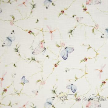 0,5 meter Muslin digital print white with floral pattern and blue butterflies