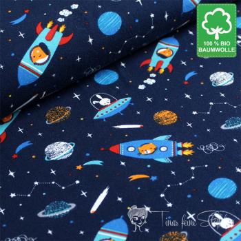 0,5 meter organic cotton jersey dark blue with spaceships and planets