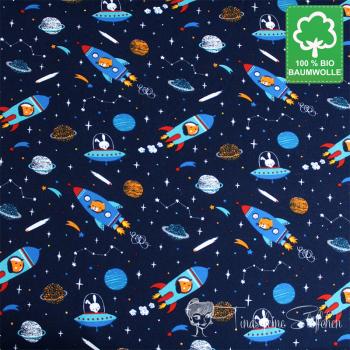 0,5 meter organic cotton jersey dark blue with spaceships and planets