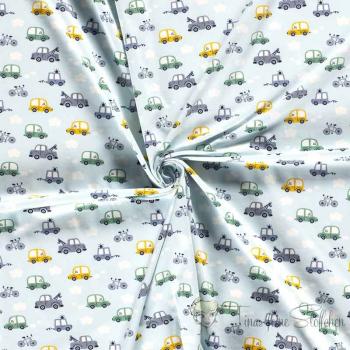 0.5 meter cotton jersey light blue with cars, tow trucks and bicycles