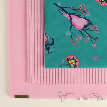 French Terry fabric package petrol with birds and flowers and pink combi fabric with coarse knitted cuffs