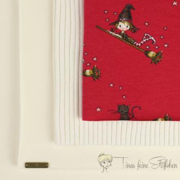 French Terry fabric package red with funny witches and offwhite combination fabric with coarse knitted cuffs