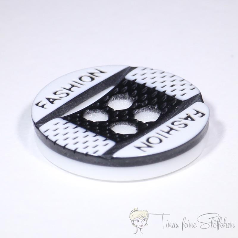 Set of 6 plastic button white 12mm with black pattern and inscription "Fashion"