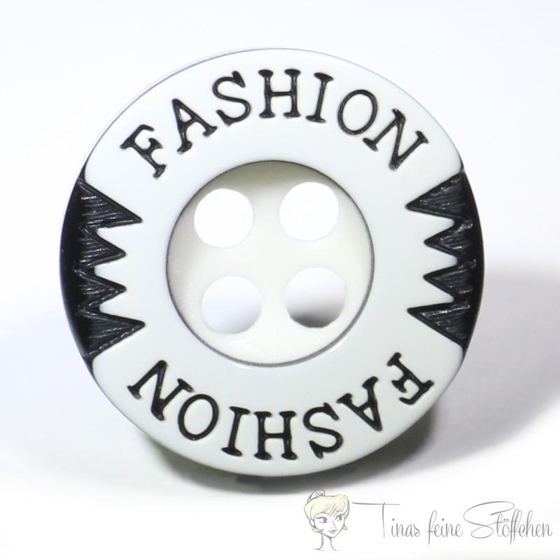 Set of 6 plastic button white 12mm with black serrated pattern and curved inscription "Fashion