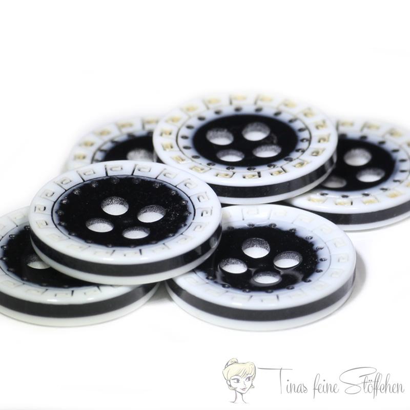 Set of 6 plastic button white 12mm with black-yellow border