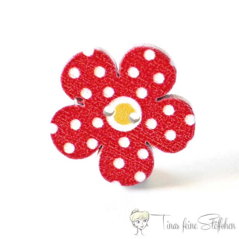 Wooden button flower red with white dots, 2 holes