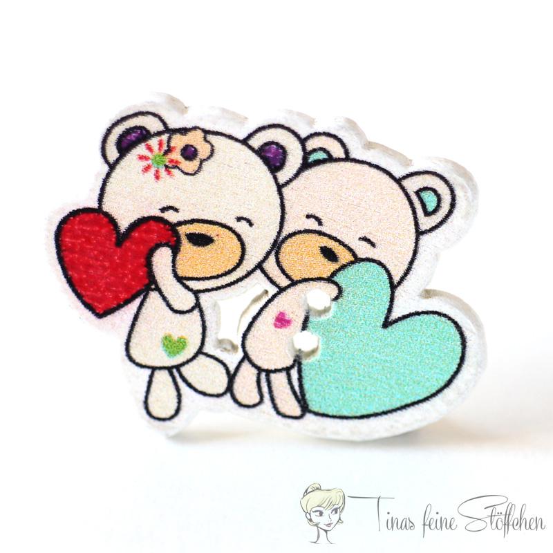 Sweet bear wooden button with colorful hearts, 2 holes