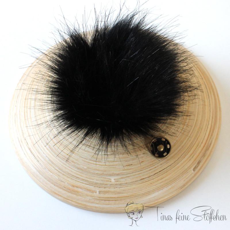 Fox artificial fur PomPom black - ca. 10cm with press stud