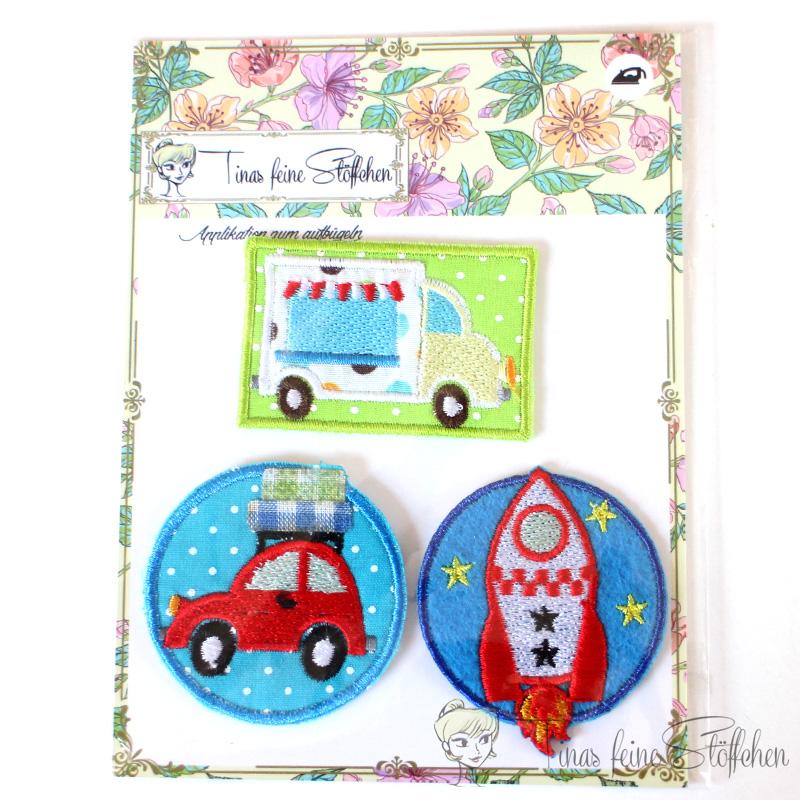 Set of 3 embroidery applications - rocket, car and truck