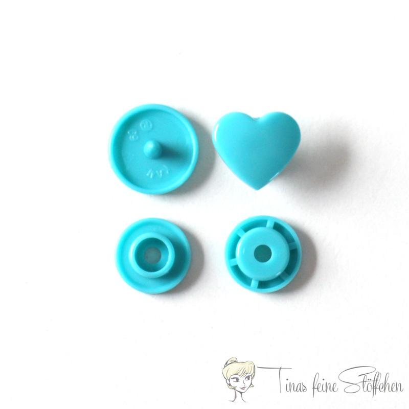 Set of 10 KAM-Snaps T5 hearts turquoise - Ø 12,4mm