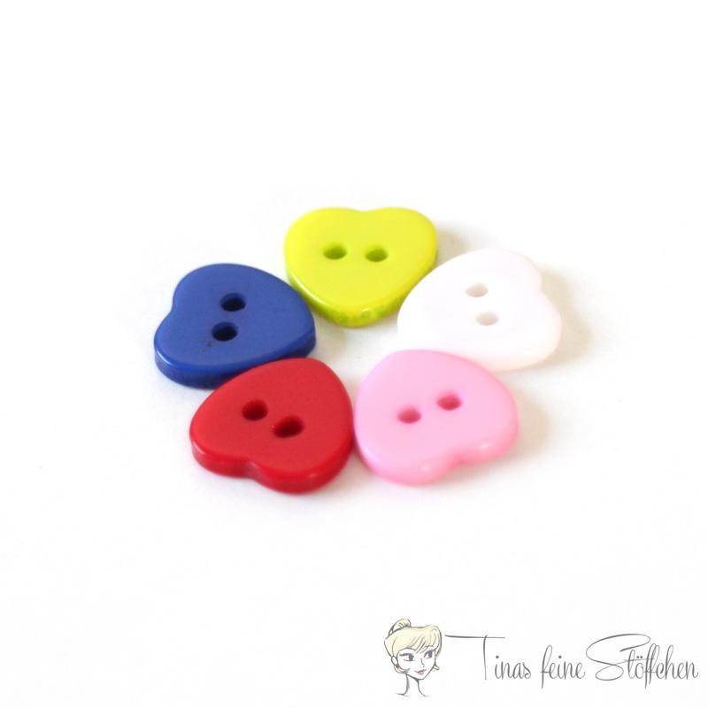 Set of 5 11mm plastic button hearts color mixed, 2-hole